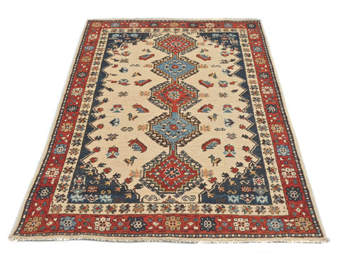 3x5 Beige Kuba Afghan Hand Knotted Wool Area Rug
